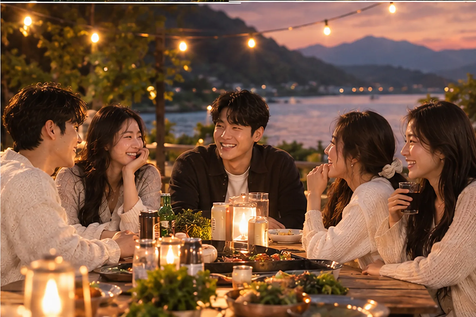긴 테이블에 둘러앉아 이야기하는 참가자들